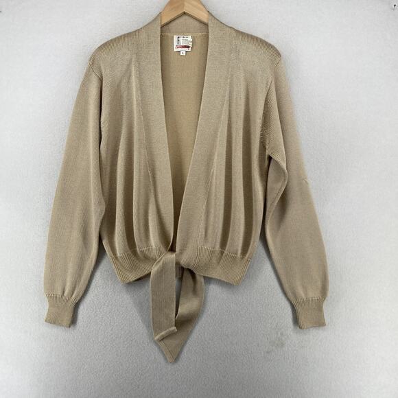 FIA ITALIA Sweater Womens L Hand Loomed Open Hem Tie Jumper Cardigan Beige Vtg - Picture 1 of 14